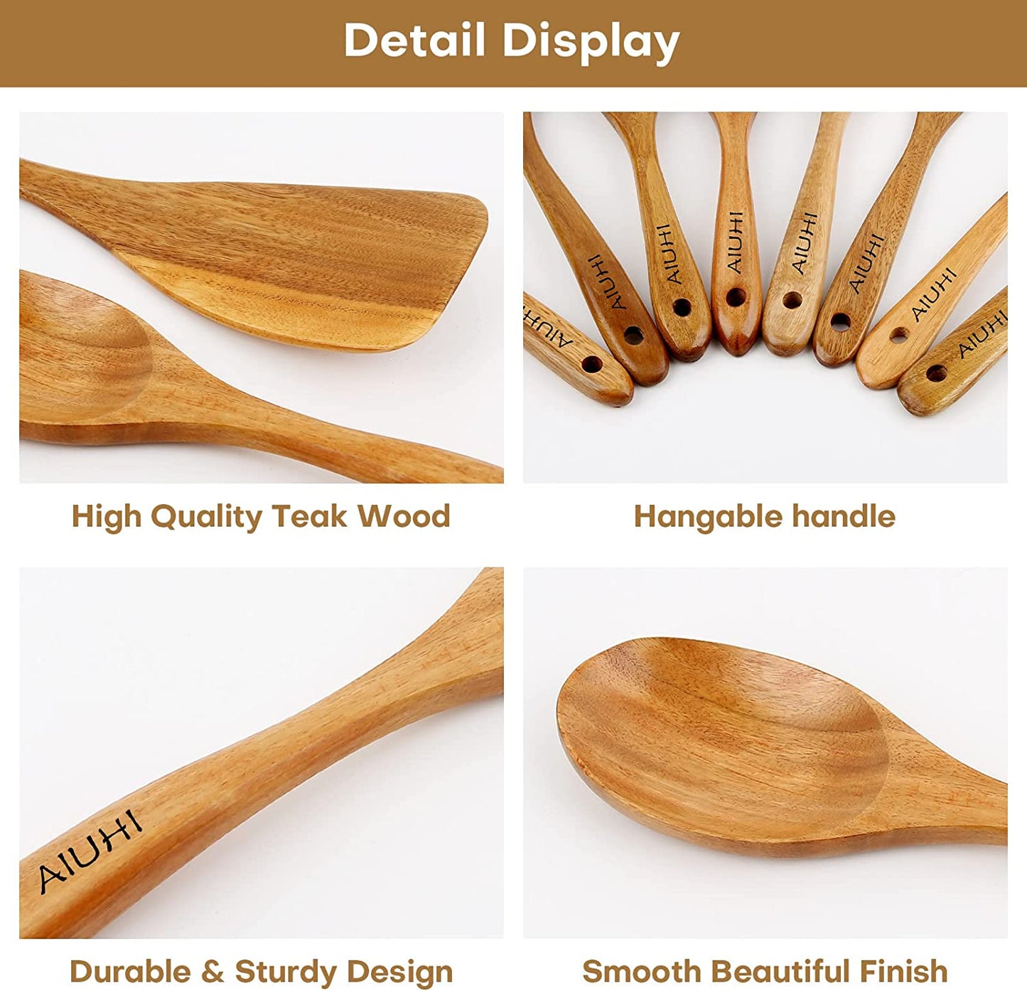 Wood Spoons for Cooking, Nonstick Kitchen Utensil Set, Wooden Spoons Cooking Utensil Set Non Scratch Natural Teak Wooden Utensils for Cooking (Teak 8 Pack)